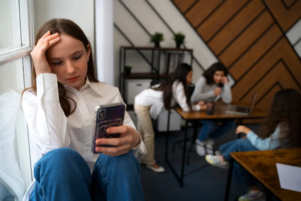 adolescente isolada de sua turma, lendo posts das redes sociais.