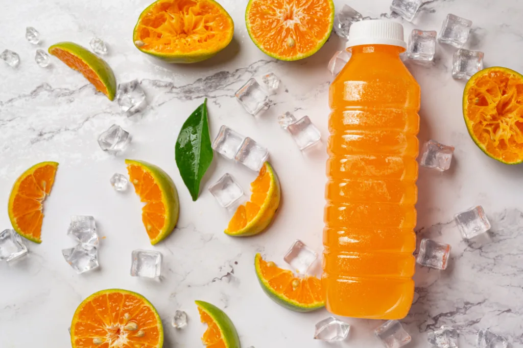 garrafa de hidratante sabor laranja com alguns pedaços de laranja sobre a mesa.