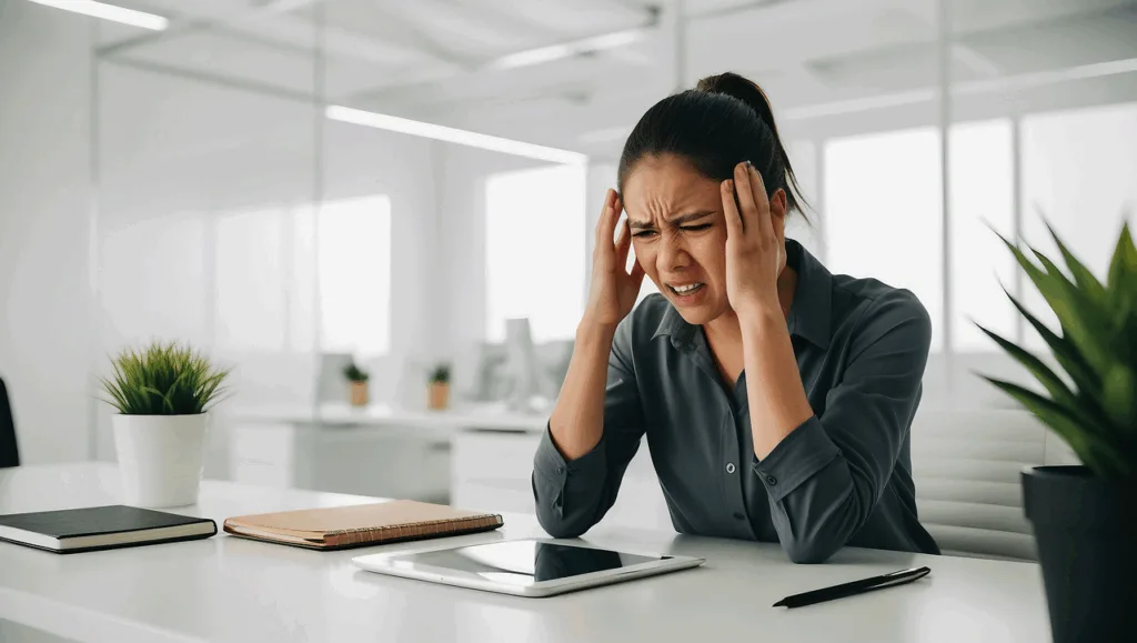 uma jovem estressada em sua  mesa de trabalho.