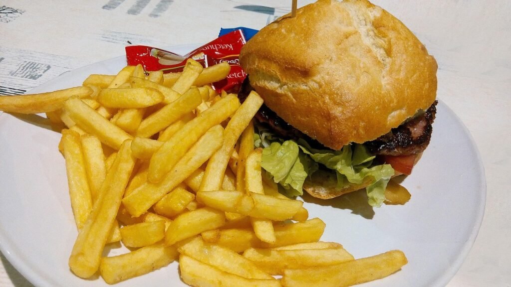 prato com hamburguer e bata frita.
