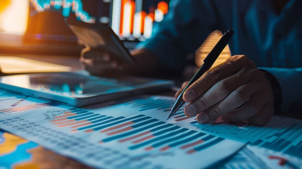 um analista analisando gráficos num relatório.