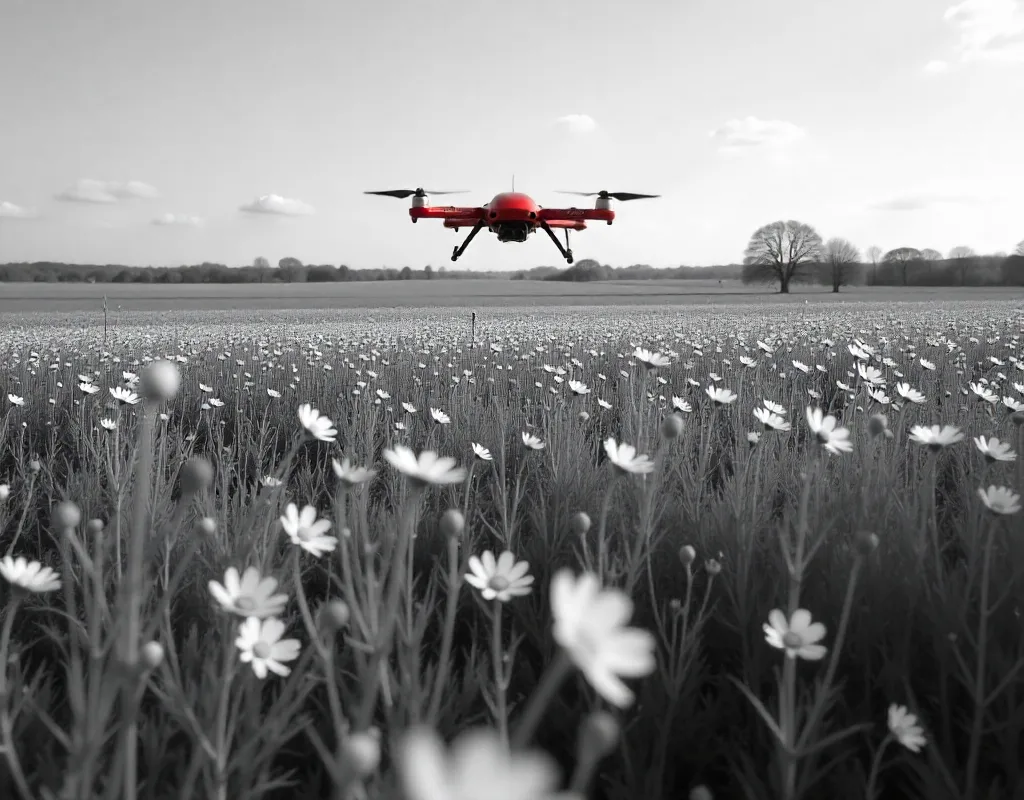 Drone sobrevoando um capo florido.