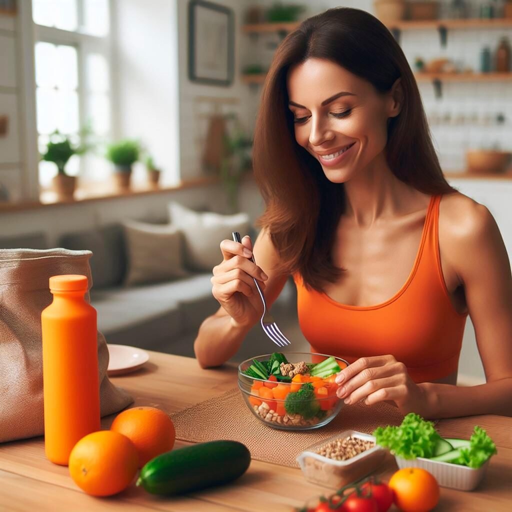 uma linda jovem morena, fazendo uma refeicao saudável numa mesa da cozinha.