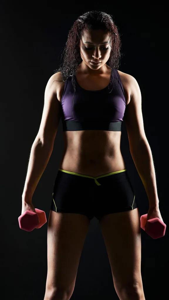 foto frontal de uma atleta com alteres.