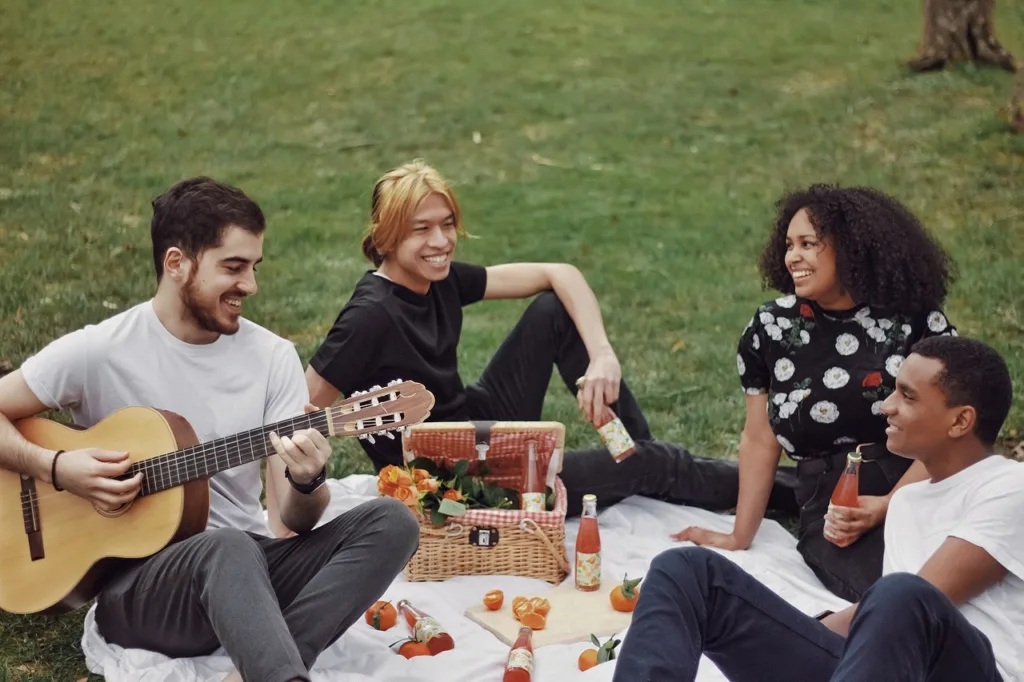 grupo de amigos em um picnic.