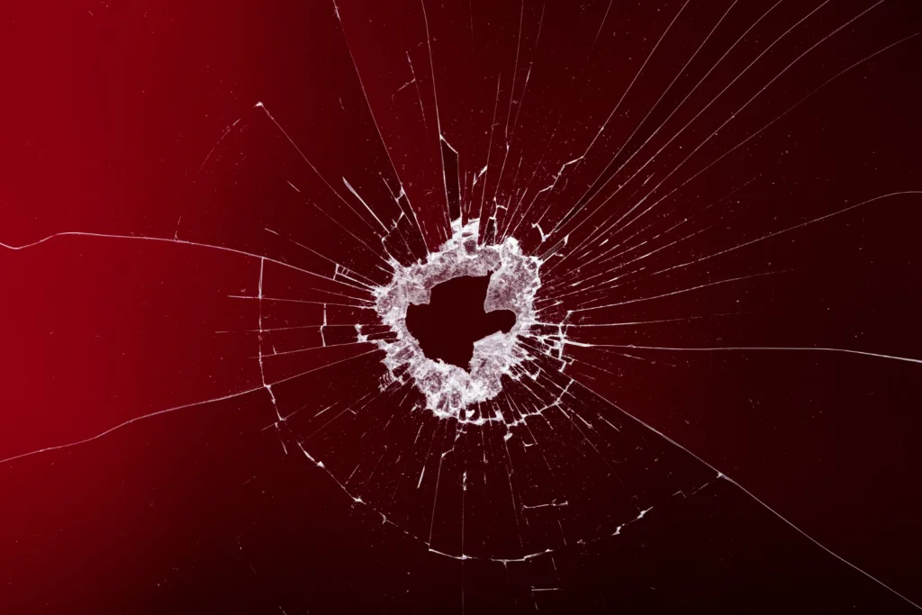 vidro com um fundo vermelho quebrado com um furo.