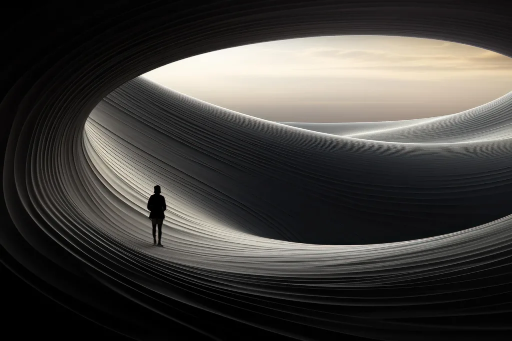 imagem gerada po IA de uma vista de uma caverna, de dentro para fora com uma pessoas olhando para fora.