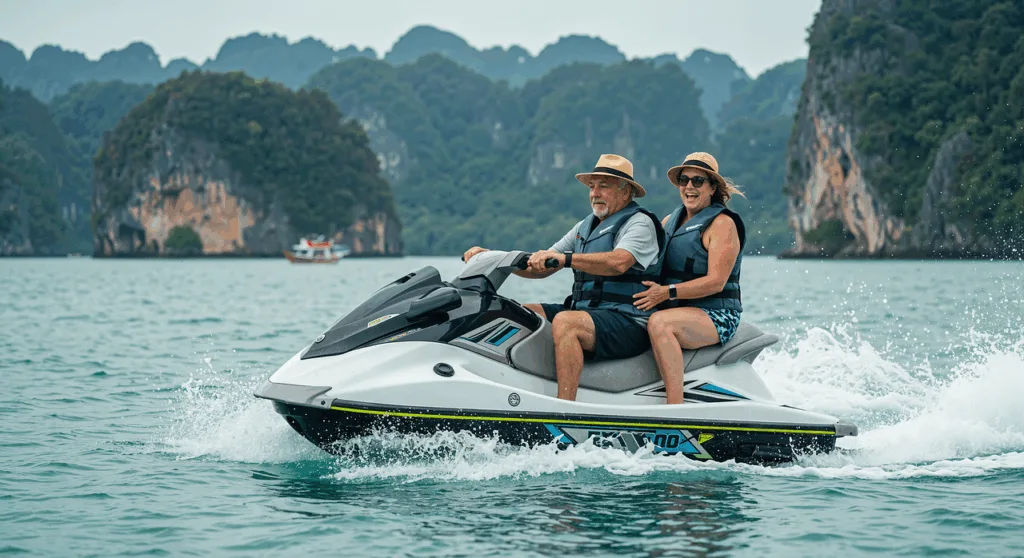 Pai pilotando um jet-ski com afilha na garupa, em uma praia.