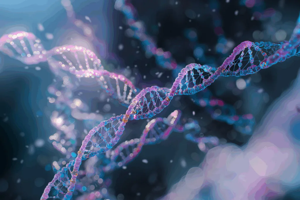 imagem 3D de um DNA colorido.