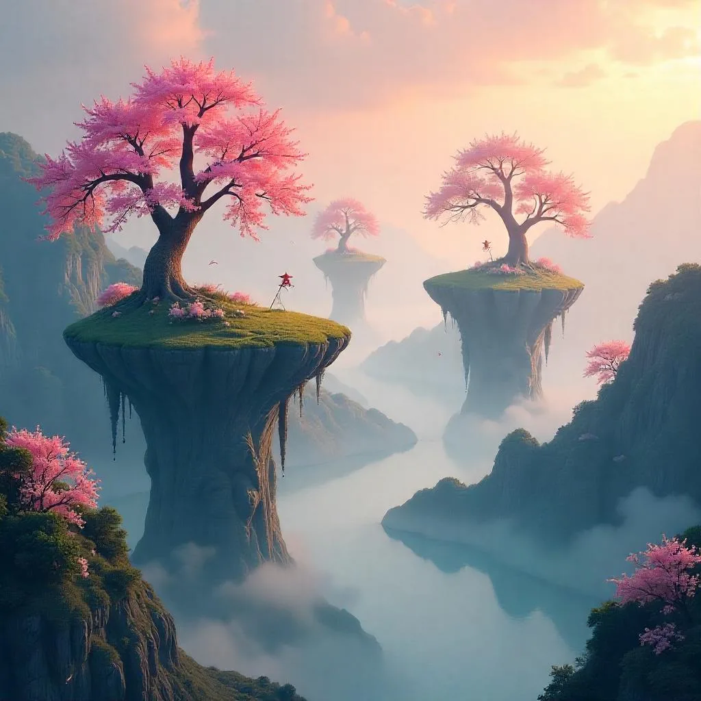 ilustracao de uma paisagem de sonhos com montes flutuantes.