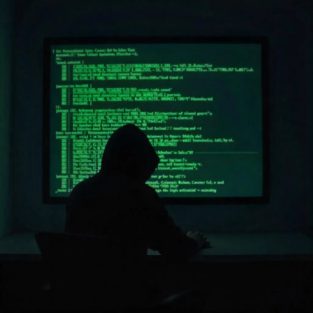 hacker com capuz, visto por trás, e uma tela grande aparecendo códigos em verde.