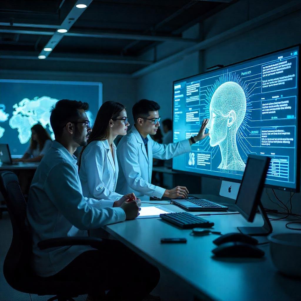 imagem de uma sala escura de um laboratório de computação.