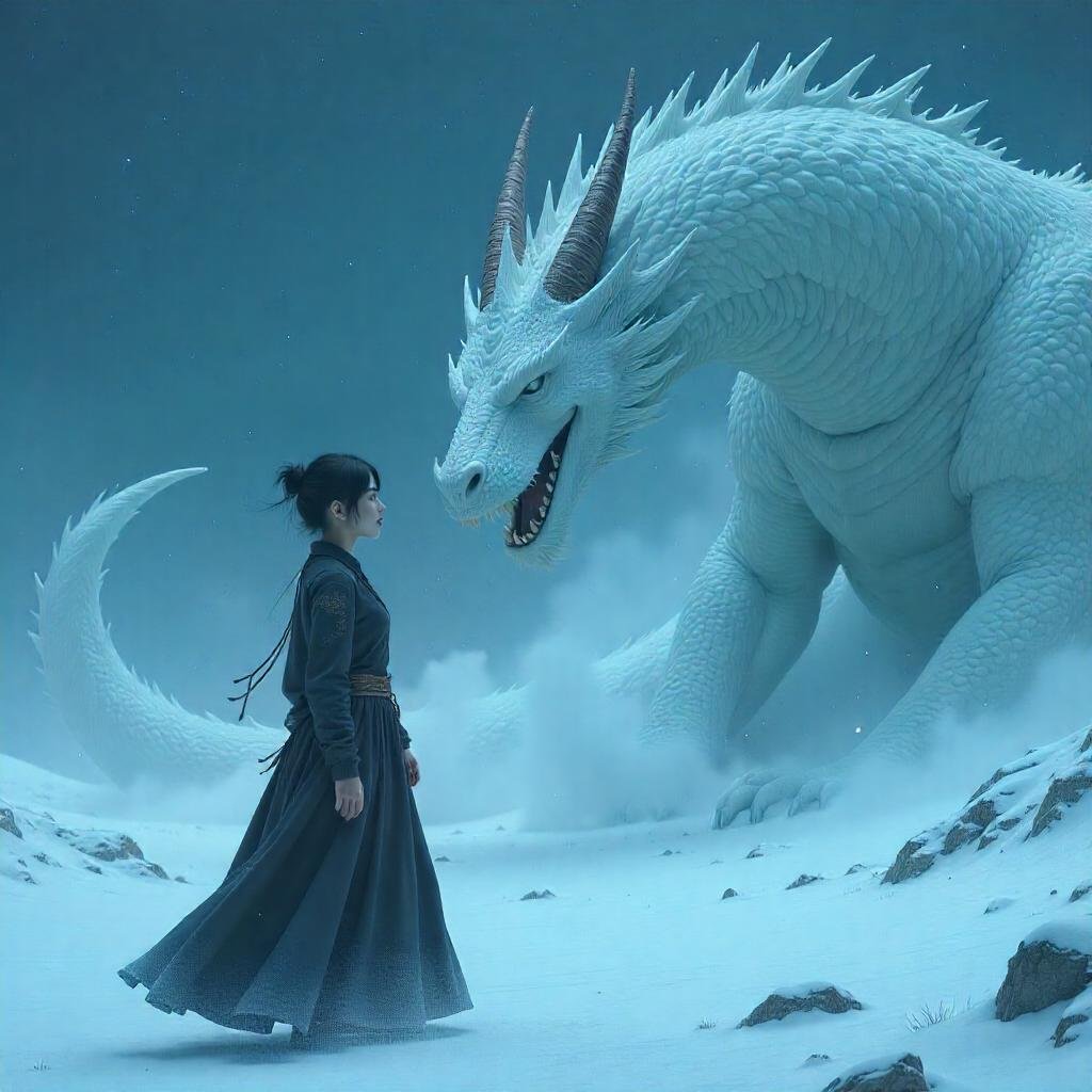 jovem sendo ameacada por um dragao branco.