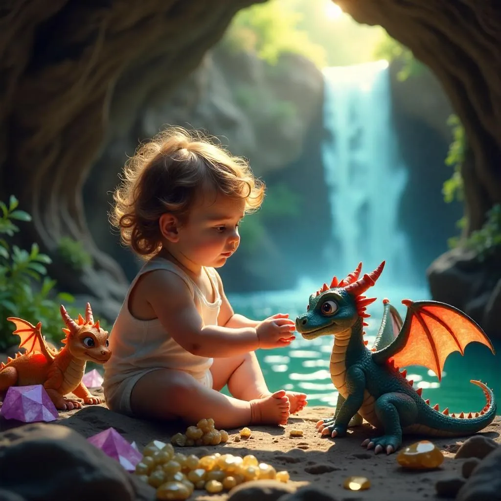 uma imagem fantasia de um bebe brincando com filhotes de dragoes em uma cachoeira.