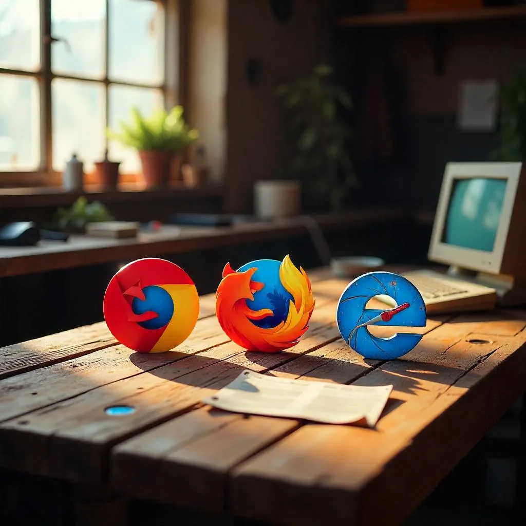 imagem de uma mesa de madeira com um computador e logos do chrome, firefox e explorer.