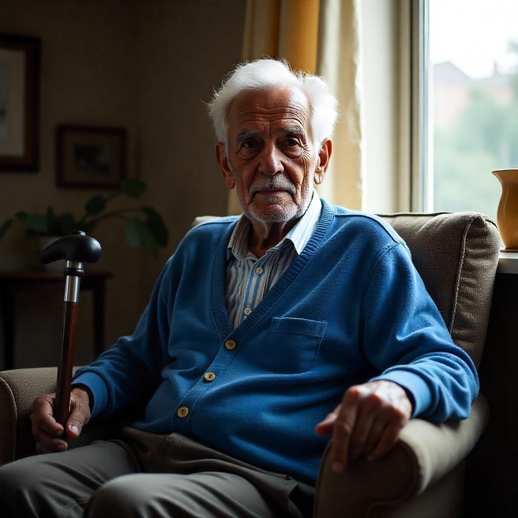 idoso sentado em uma poltrona segurando uma bengala.
