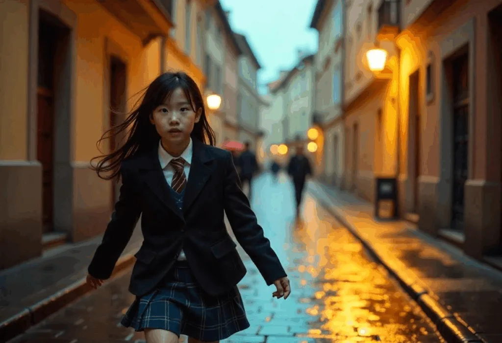 imagem de uma criança asiática andando em uma rua, assustada, com medo.