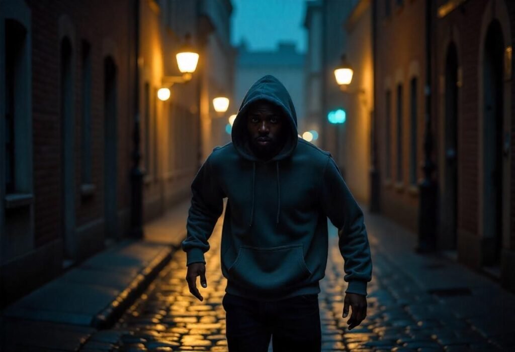 imagem de uma figura misteriosa de capuz, numa rua deserta, a noite.