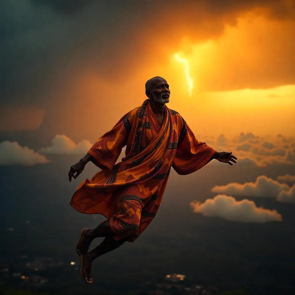 um adulto negro com uma túnica vermelha e dourado, pairando sobre as nuvens no por do sol.
