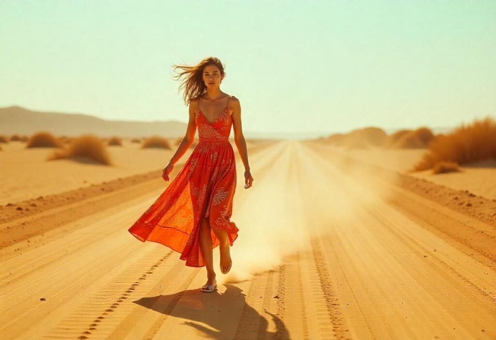 imagem de uma jovem caminhando em uma estrada deserta, de dia.