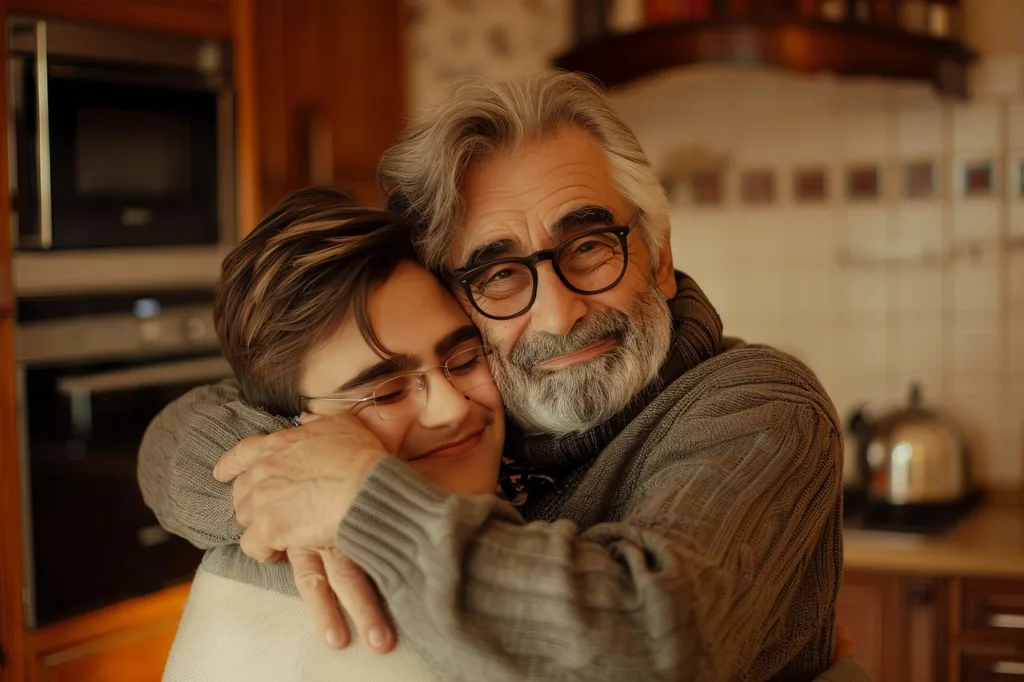 Pai de oculos preto redondo, abraçando o filho em uma cozinha.