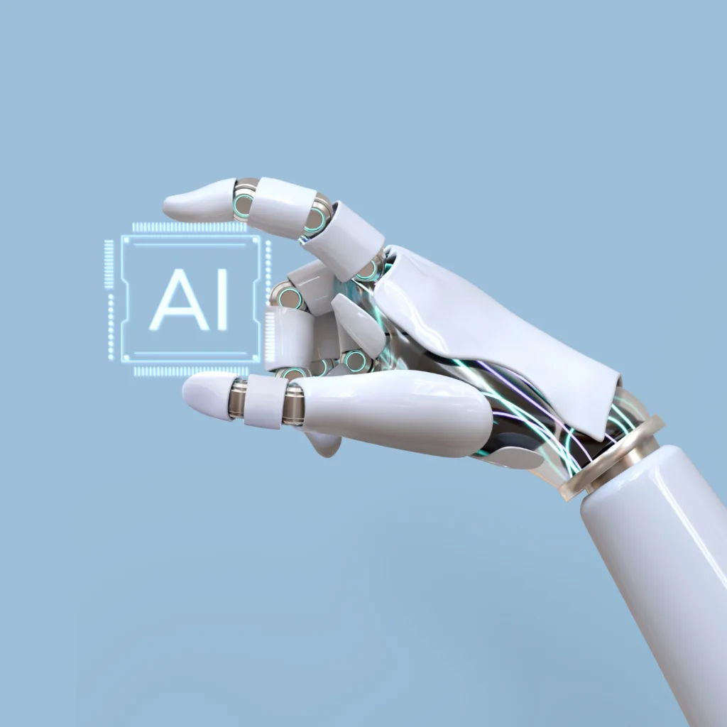 imagem gerada por I.A mostrando uma mao robotica segurando uma placa transparente  com as palavras AI.