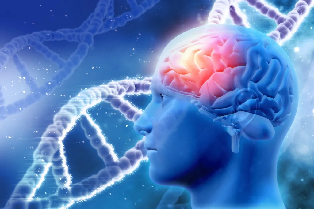 imagem gerada por I.A mostrando um cerebro humano, destacando a atividade no lóbulo frontal e ao fundo uma cadeia de DNA.