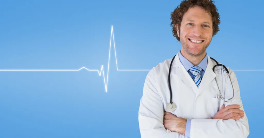 um jovem medico com um estetoscópio e a imagem de um ECG ao fundo.
