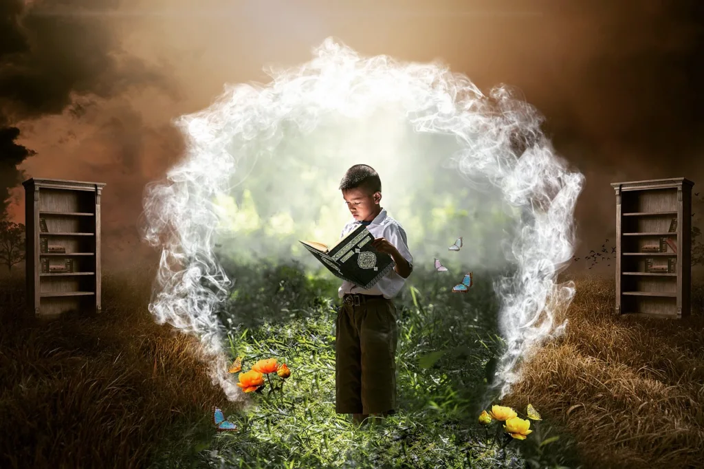 imagem fantasia de uma criança muçulmana lendo um livro dentro de um portal que a transporta para um mundo lindo.