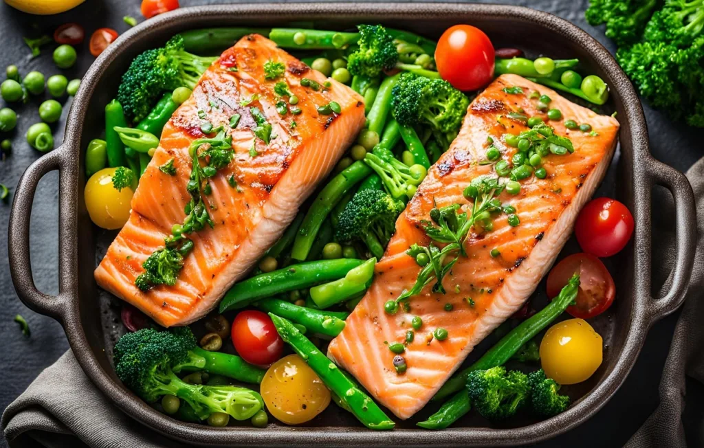 duas postas de salmão com legumes numa panela retangular com alças.