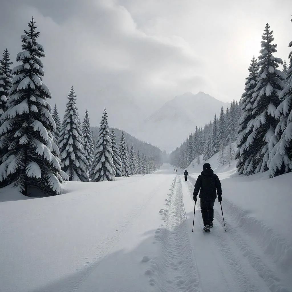 imagem de uma paisagem coberta de neve e algumas pessoas caminhando.