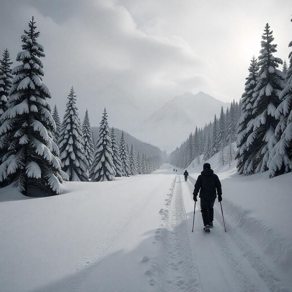 imagem de uma paisagem coberta de neve e algumas pessoas caminhando.