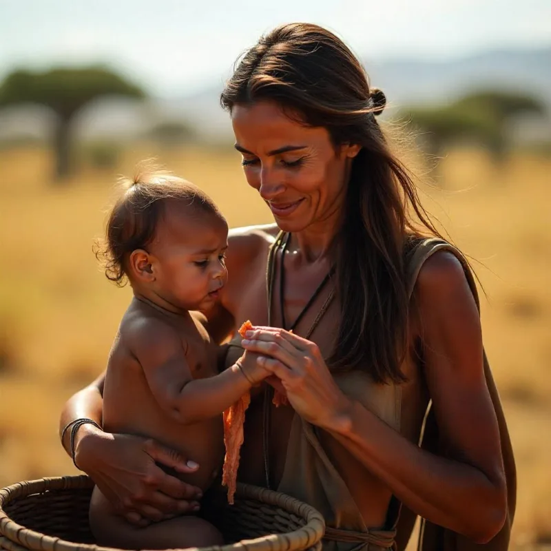 mulher homo sapiens alimentando seu bebê numa savana.