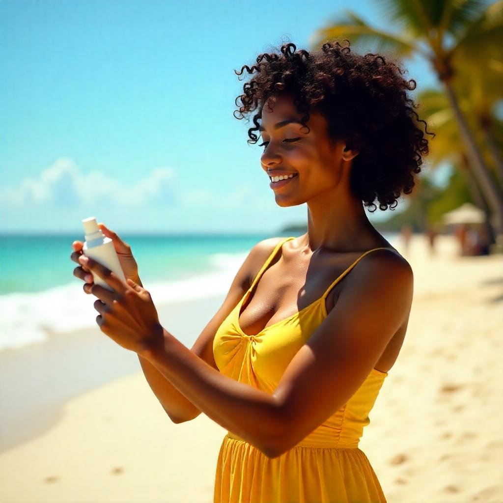 uma jovem negra de vestido amarelo, aplicando protetor solar em spray numa praia.
