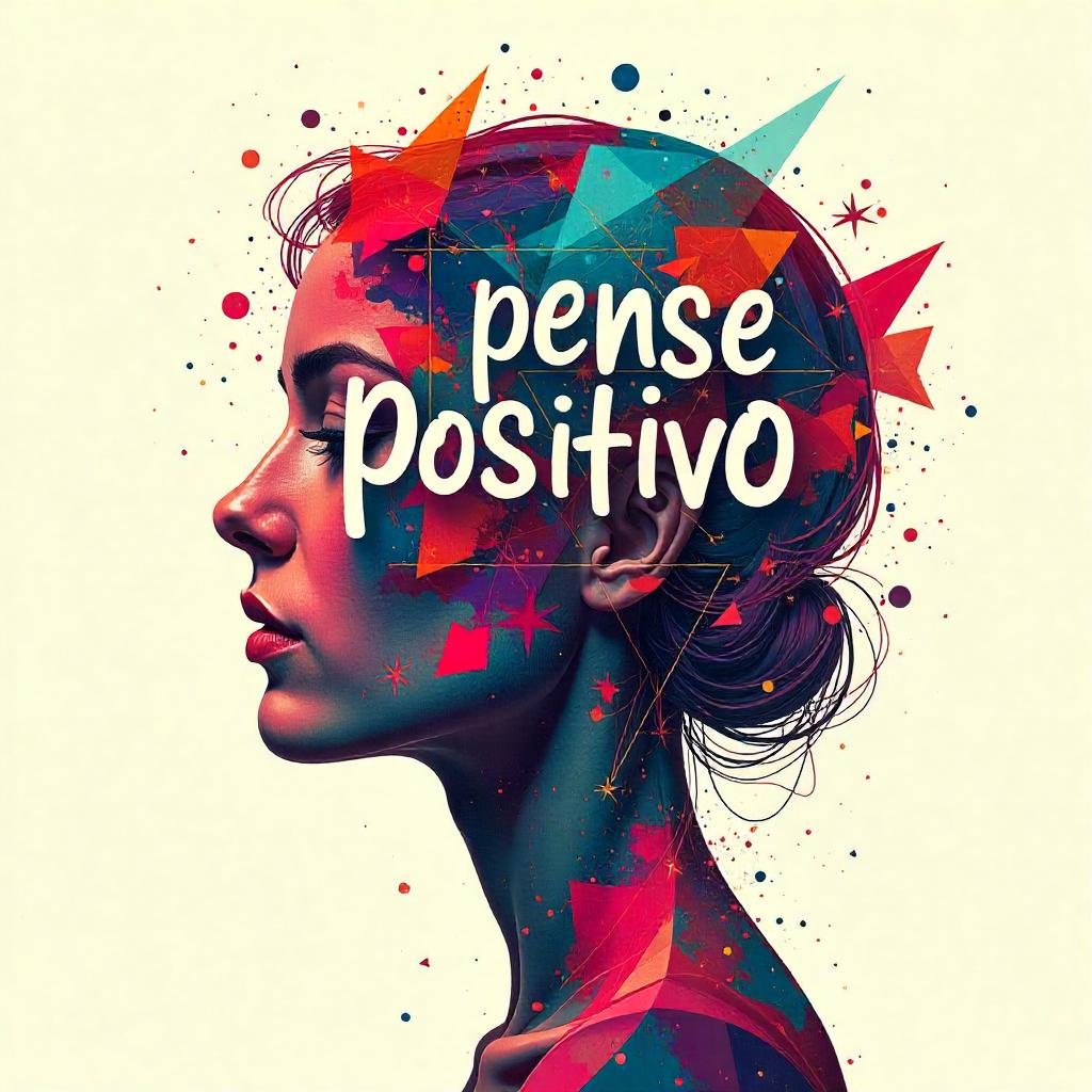 arte de uma cabeça feminina de varias cores com a frase: pense positivo.