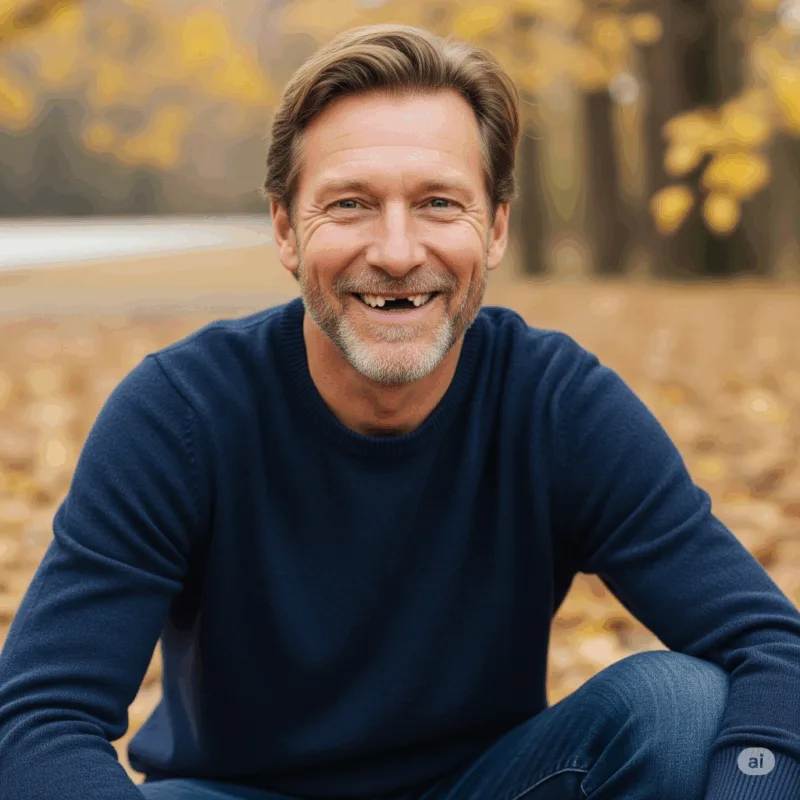um homem de barba grisalha, sem um dente da frente.