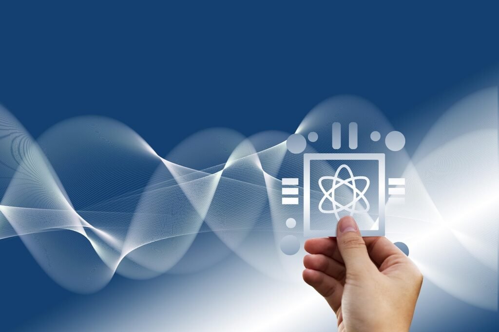 ilustração de uma mão segurando uma logo da física quântica.