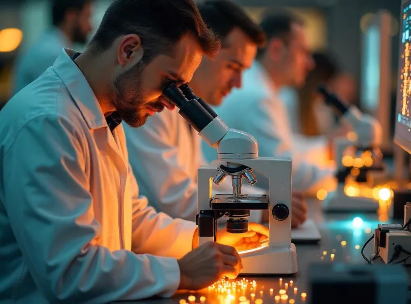pesquisadores estudando material luminescente através do microscópio.