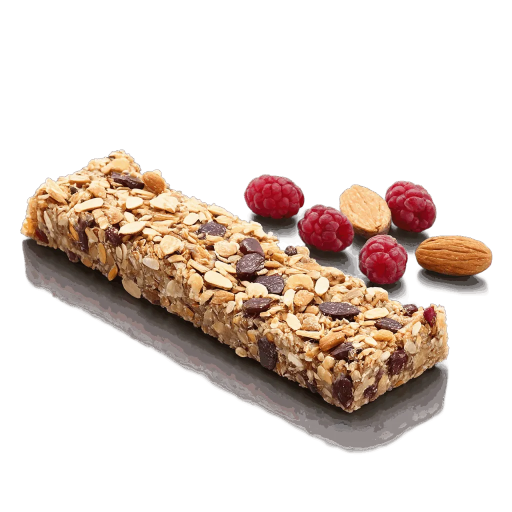 barra de cereal num fundo branco com amoras e castanhas ao lado.