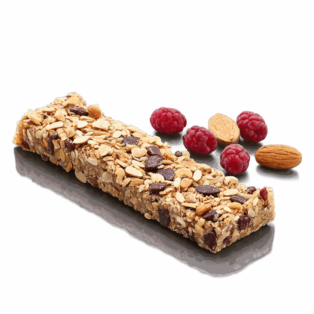 barra de cereal num fundo branco com amoras e castanhas ao lado.