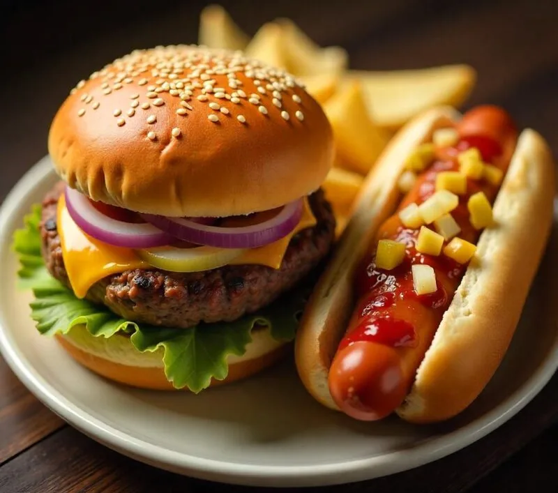 um hambúrguer e hot dog lado a lado.