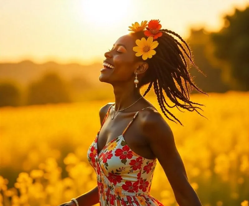 uma morena radiante num campo de flores amarelas com um arco de flores amarelas na cabeça.