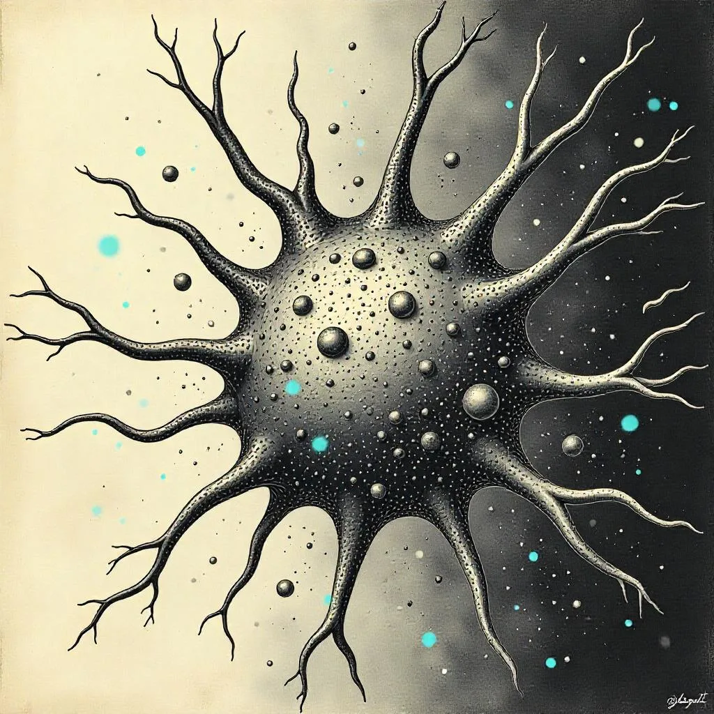 Ilustração histórica de mitocôndrias de células nervosas, desenho de neurônio vintage ao fundo, estilo científico clássico, rotulagem detalhada, tons sépia, estética de livro de anatomia.