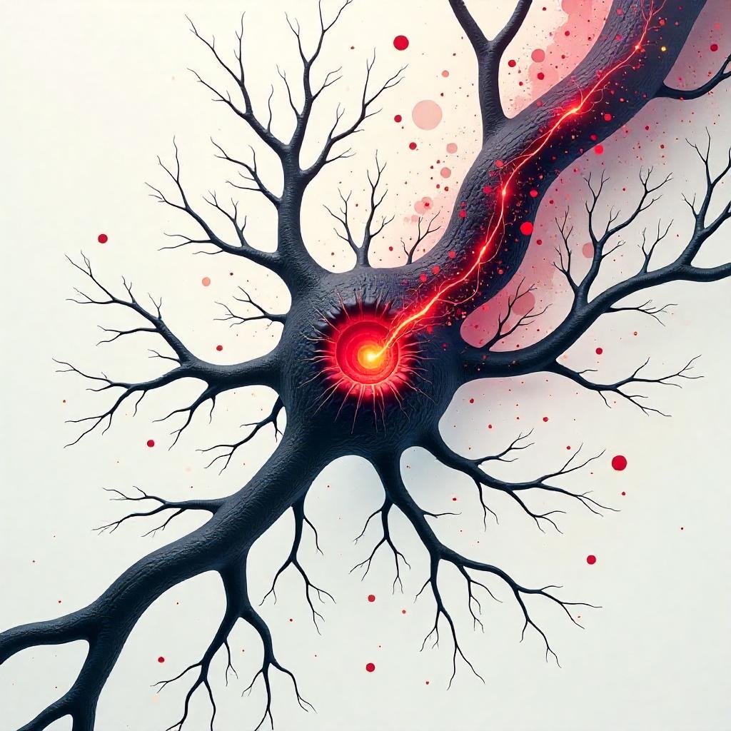 Arte abstrata de mitocôndrias de células nervosas, formas fluidas de neurônios no fundo, foco no fluxo de energia, gradientes de cores vibrantes, estilo de arte moderna, composição dinâmica, representação conceitual.