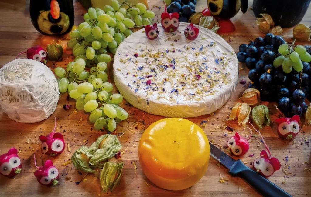 mesa com produtos lácteos, com vários tipos de queijos  e decorado com uvas e rabanetes na forma de gatinhos.