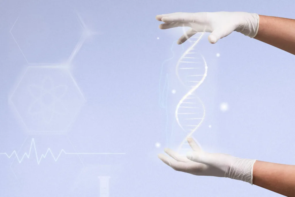 arte de duas mãos criando uma cadeia de DNA.