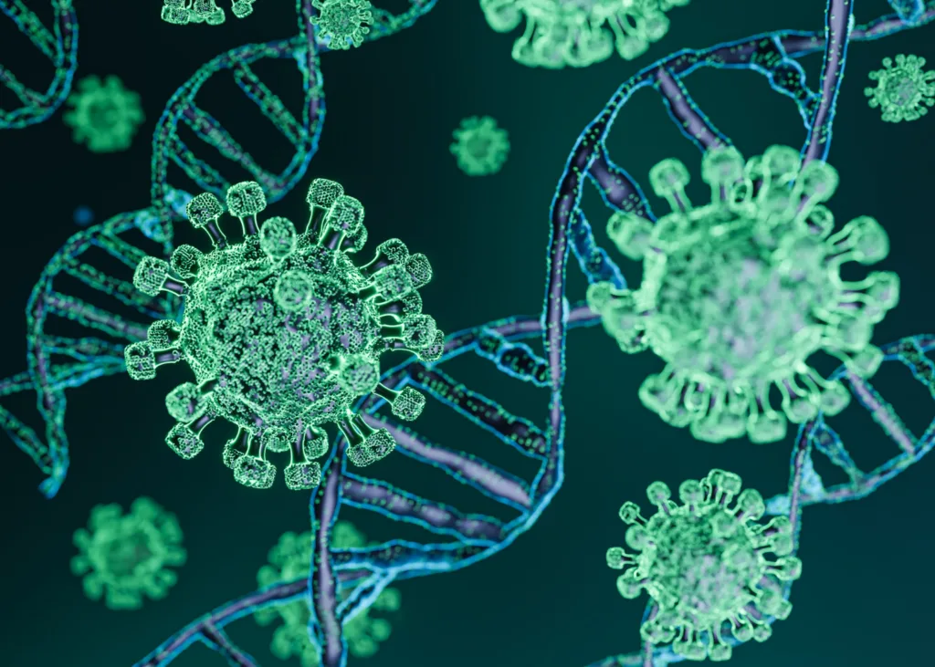 figura ilustrativa de vírus e DNA.