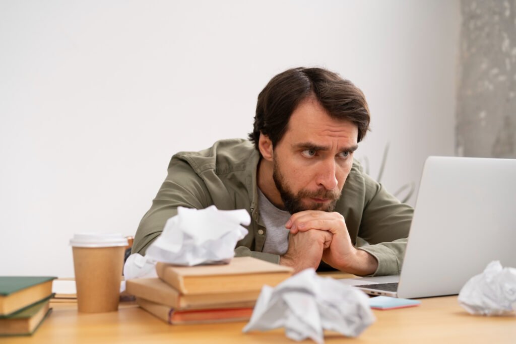 um adulto com dificuldade de concentracao no trabalho.