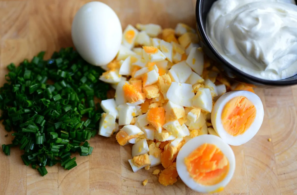 foto de ovos cozidos picado, para preparo de salada.
