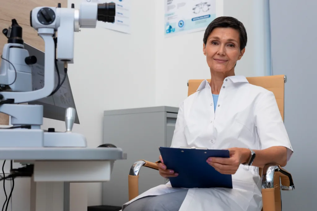 Uma medica oftalmologista em seu consultorio.